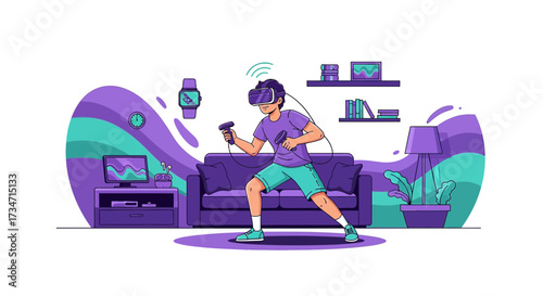Illustration of a young man immersed in a virtual reality experience at home interior setting