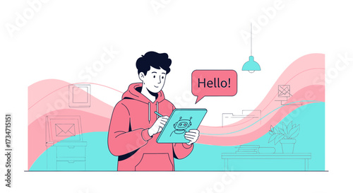 Illustration of a young man interacting with a chatbot on a digital tablet at home