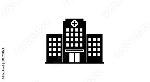 Modern hospital building icon simple black silhouette healthcare medical facility symbol Flat design vector illustration white background.