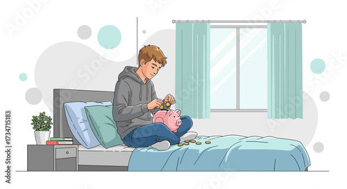 Illustration of a young man saving money by putting coins into a piggy bank on his bed