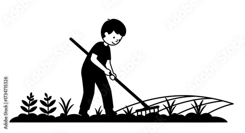 Child tending garden raking soil preparing planting outdoor activity learning horticulture sustainability growth nature Flat design vector illustration white background.