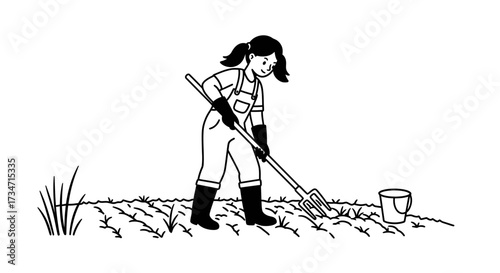 Gardener working in field with fork preparing soil for planting seasonal crops outdoors Flat design vector illustration white background.