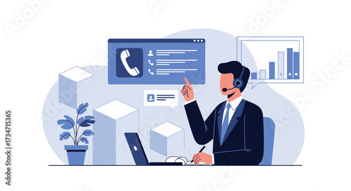 Illustration of customer service representative providing support and assistance to clients with a