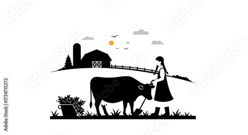Rustic farm silhouette featuring cow girl barn and produce bucket for country scenes Flat design vector illustration white background.