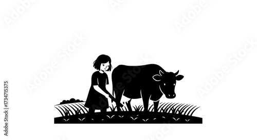 Child farmer tending to a majestic ox in a grassy field symbolizing agriculture and rural life Flat design vector illustration white background.