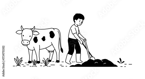 Boy tending to a cow and working in a field with farming tools in a line art style Flat design vector illustration white background.