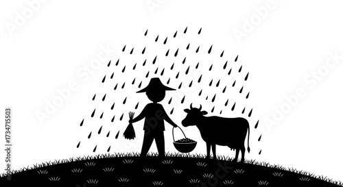 Farmer with cow silhouette under falling raindrops artistic rural scene Flat design vector illustration white background.