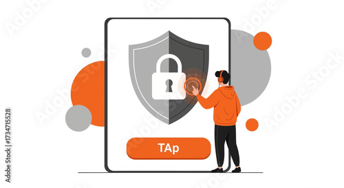 Illustration representing data security with a man interacting with a secure mobile app shield and