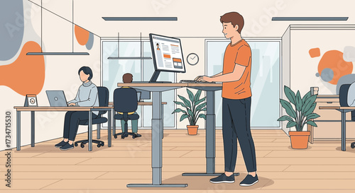 Illustration of modern office space with employees working at desks and standing desk