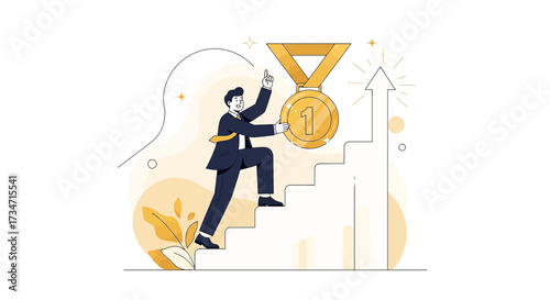 Illustration showcasing a businessman climbing stairs towards success and achieving a gold medal