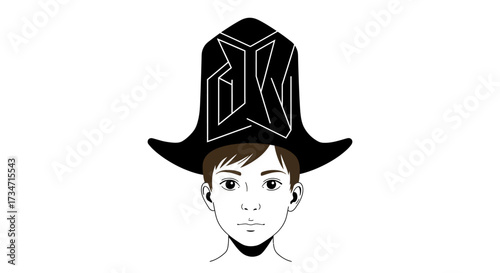 Anime character portrait wearing ornate tall hat with geometric designs striking pose Flat design vector illustration white background.