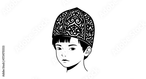 Young boy wearing ornate traditional skullcap detailed sketch showing cultural headwear style Flat design vector illustration white background.