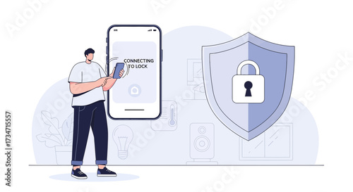 Illustrative depiction of a man interacting with smart home security system via mobile app
