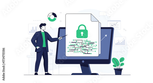 Illustration showcasing data protection and cybersecurity with a presenter and charts,