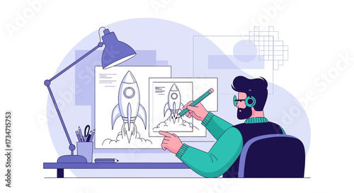 Illustrator creating a rocket ship design on his desk with lamp and headphones on illustration