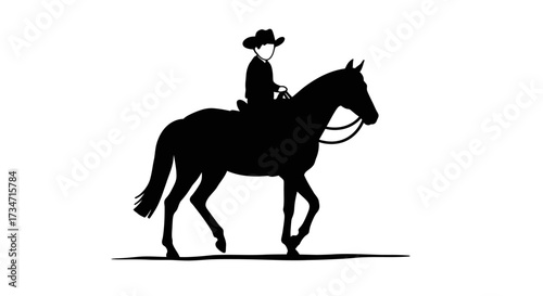 Silhouette of a cowboy riding a horse western style equestrian scene capturing movement and freedom Flat design vector illustration white background.