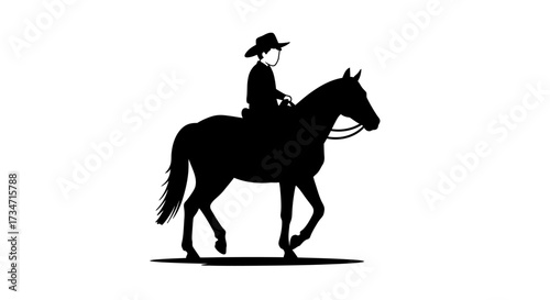 Silhouette of a cowboy riding a horse at a steady pace on a white canvas Flat design vector illustration white background.
