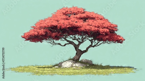   A painting depicts a tree with a rock in the foreground and a light blue sky in the background