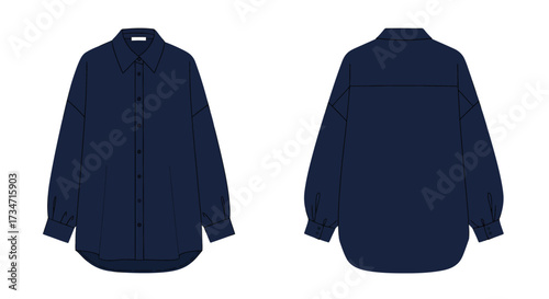 Two views of a dark navy blue long sleeve shirt flat lay minimalist apparel photography Flat design vector illustration white background.