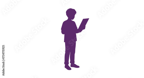 Silhouette of a person in purple holding a book or tablet standing still and focused Flat design vector illustration white background.