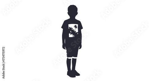 Silhouette of a young boy wearing a t-shirt and shorts standing still full body view Flat design vector illustration white background.