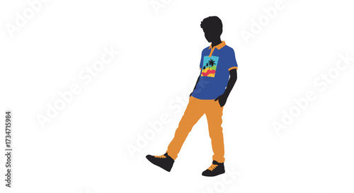 Young man wearing blue t-shirt and orange pants poses confidently outdoors Flat design vector illustration white background.