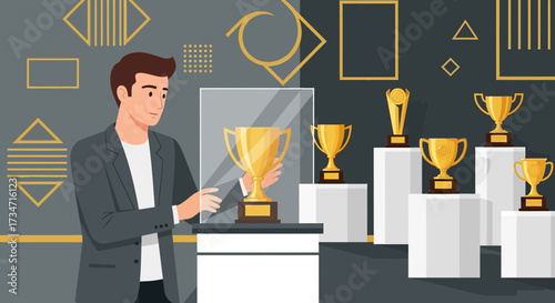 Man admires golden trophies on display, celebrating achievement and success in a formal setting