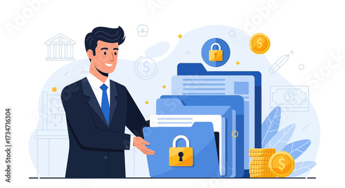 Man displaying financial data security and protection through confidential folders