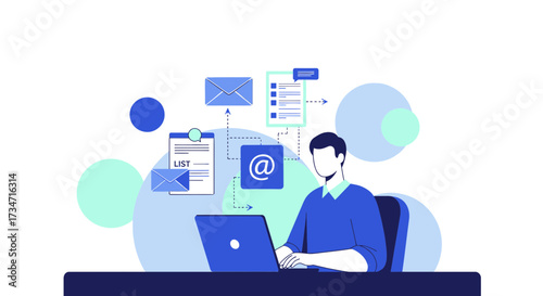 Man managing emails and tasks on laptop in a modern office setting illustration