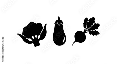 Silhouettes of fresh cauliflower eggplant and beet root vegetables for healthy eating and cooking inspiration Flat design vector illustration white background.