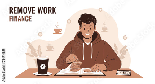 Man managing personal finances at home with coffee and a book on the table illustration