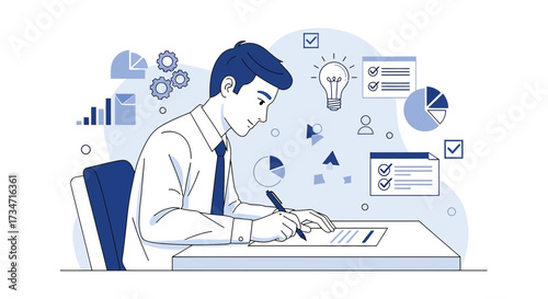 Man planning and working on project management tasks with diagrams and checklist for success