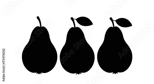 Three black silhouettes of ripe pears with leaves perfect for healthy food design and autumn themes Flat design vector illustration white background.