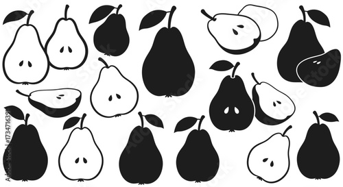 Collection of hand-drawn pears silhouettes and slices fresh fruit illustrations for design Flat design vector illustration white background.