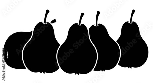 Five silhouetted pears grouped together fresh produce healthy food icon Flat design vector illustration white background.