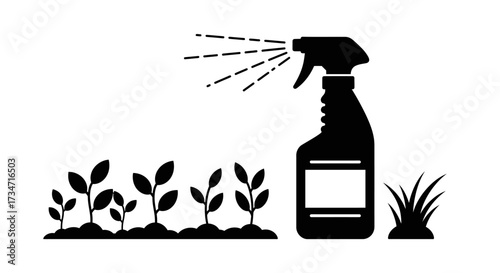Garden plant care spray bottle nurturing growing seedlings and grass silhouette graphic Flat design vector illustration white background.