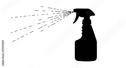 Black silhouette of a spray bottle emitting a wide mist of liquid droplets in motion Flat design vector illustration white background.
