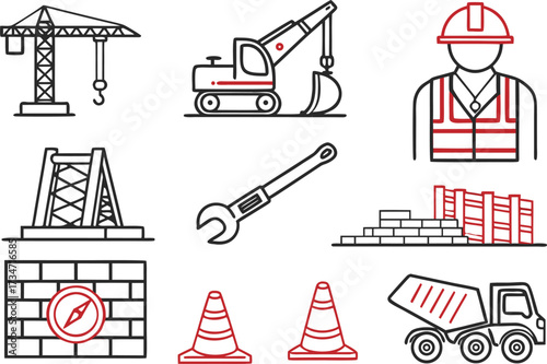Vector silhouette icon set: Construction site worker and crane building industry symbols