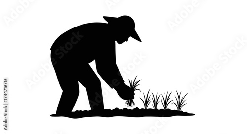 Silhouette of a farmer planting crops in a field evoking rural agricultural life Flat design vector illustration white background.
