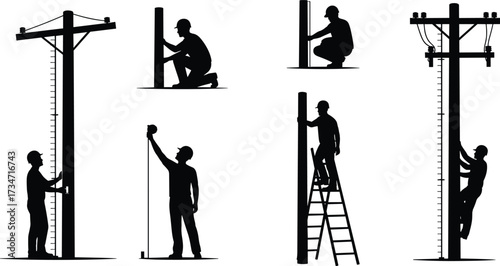 Silhouette vector illustration of utility workers installing power poles, climbing ladders, measuring height, and maintaining electrical lines for construction projects.