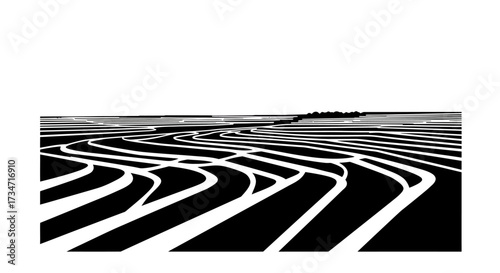 Abstract flowing black and white wavy lines creating a sense of depth and movement Flat design vector illustration white background.