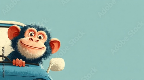   A monkey perched in the rear seat of a blue automobile, its head protruding from the open window, against a blue backdrop