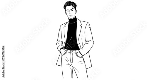 Stylish young man in turtleneck and blazer fashion sketch modern portrait Flat design vector illustration white background.
