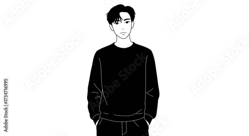 Stylized monochrome portrait of a young man in black clothing with tousled hair Flat design vector illustration white background.
