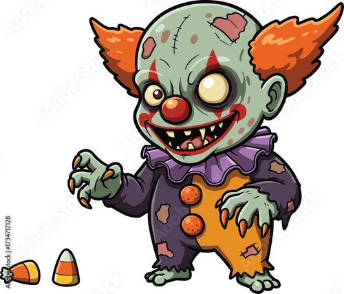 Creepy zombie clown monster in tattered costume with scary smile holding Halloween candy corn cartoon vector illustration