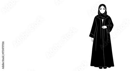 Elegant woman in black abaya and hijab posing gracefully holding a candle Flat design vector illustration white background.
