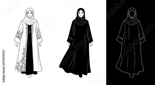 Historical and futuristic fashion concepts depicting elegant robes and coats Flat design vector illustration white background.