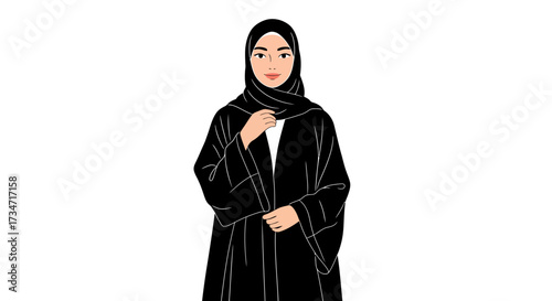 Elegant muslim woman wearing traditional abaya and hijab standing confidently Flat design vector illustration white background.