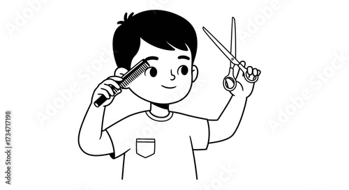 Cute boy holding drumsticks ready to play music fun activity for kids creative playtime imaginary musical instrument Flat design vector illustration white background.
