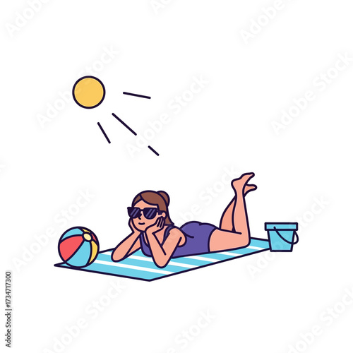 Cartoon illustration of a woman in a swimsuit sunbathing on a beach towel under the sun.